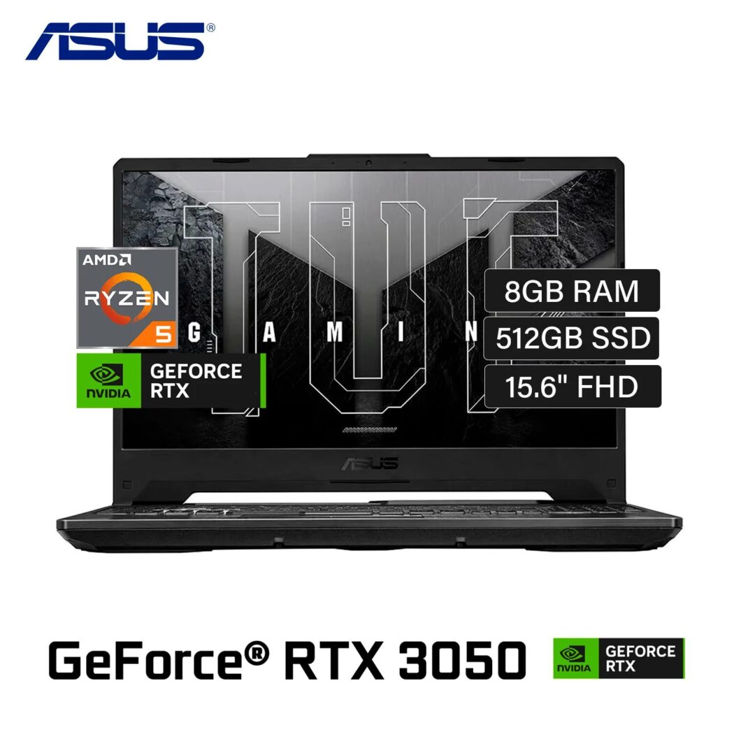 LAPTOP GAMER ASUS TUF FA506NC-HN006 R5-7535HS RAM 8GB DDR5 SSD 512GB T. VIDEO RTX 3050 4GB 15.6 FHD IPS 144HZ RGB
