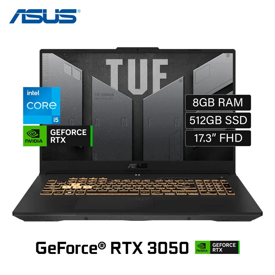 LAPTOP GAMER ASUS TUF FX707ZC4-HX039 I5-12500H RAM 8GB SSD 512GB T. VIDEO RTX 3050 4GB 17.3 FHD IPS 144HZ  RGB