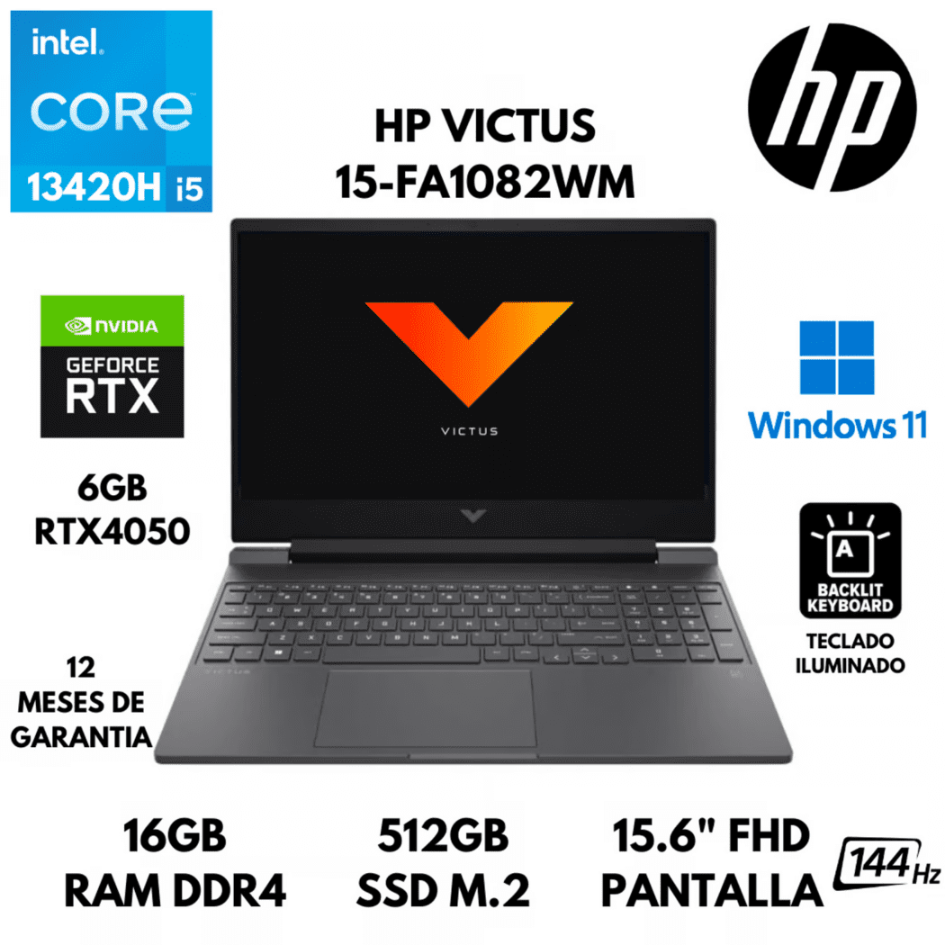 Laptop Hp Core I5-13420h Victus 15-fa1082 Gaming  Pantalla 15.6″ Fhd, Ram 16gb, Ssd 512gb, Rtx 4050 6gb, 144hz, Win11, 13gen.