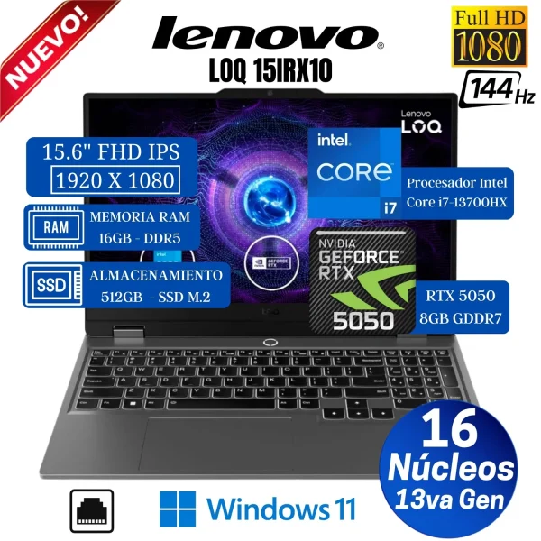 Laptop Lenovo LOQ 15IRX10 Intel Core i7-13700HX RAM 16GB Disco 512GB SSD Nvidia RTX 5050 8GB 15.6" FHD