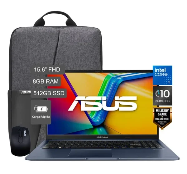 Laptop Asus Vivobook 15 de 15.6, Intel Core 5 120U, 8GB RAM, disco sólido de 512GB, + Mouse + Mochila
